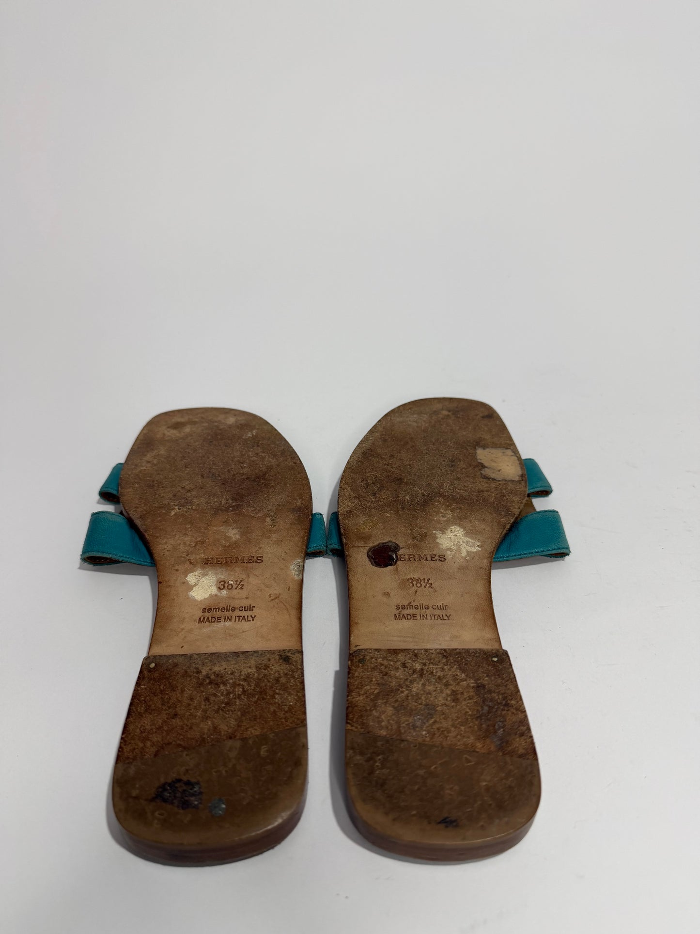 Hermès Oran H Cutout Slide Sandals Turquoise & Brown Leather Size 38.5 EU