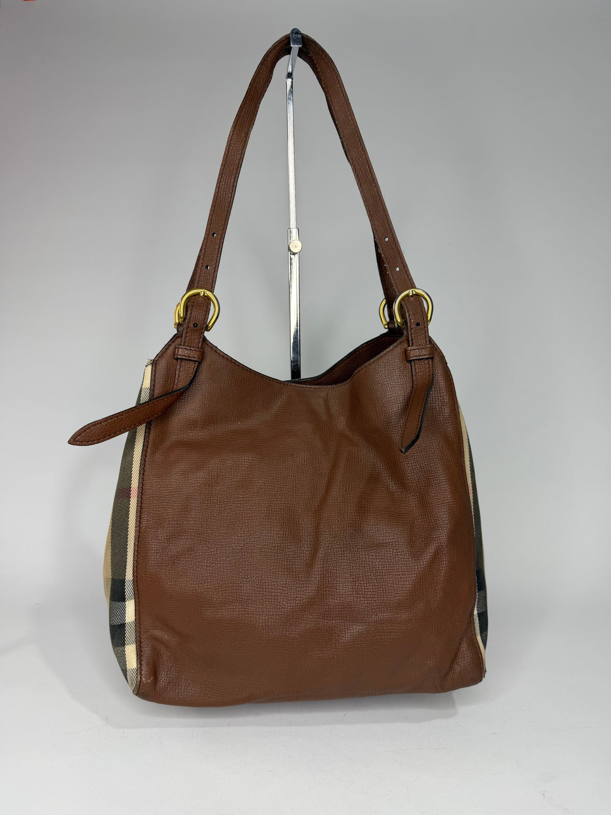 BURBERRY
Brown Leather And House Check Canvas Small Canterbury Tote Bag