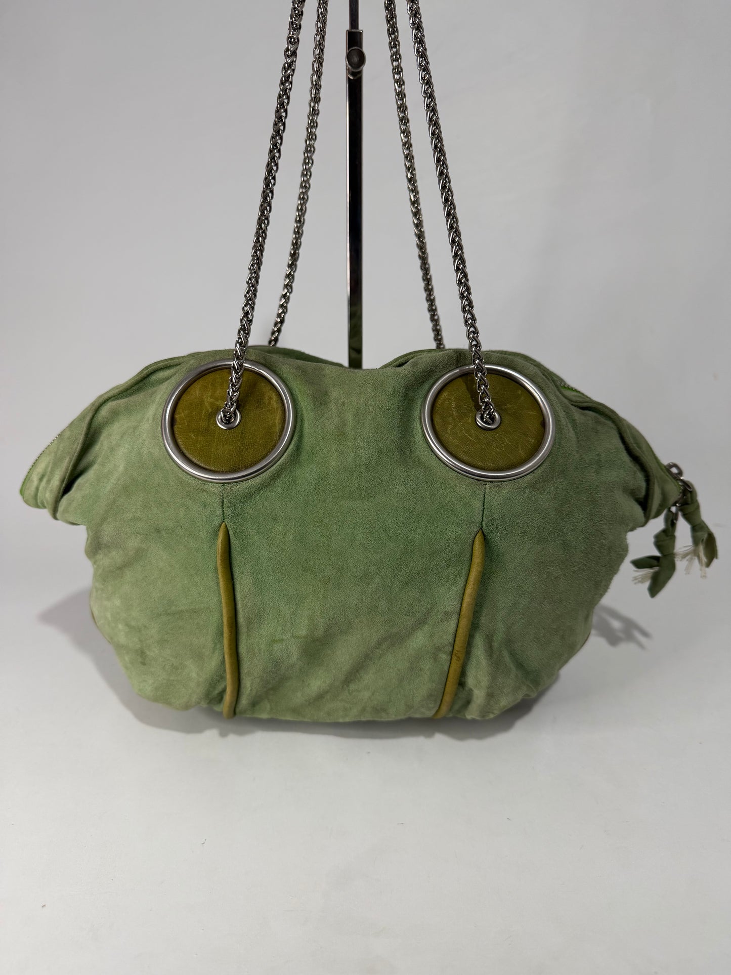 Bottega Veneta Green Suede Chain Shoulder Bag with Oversized Grommets