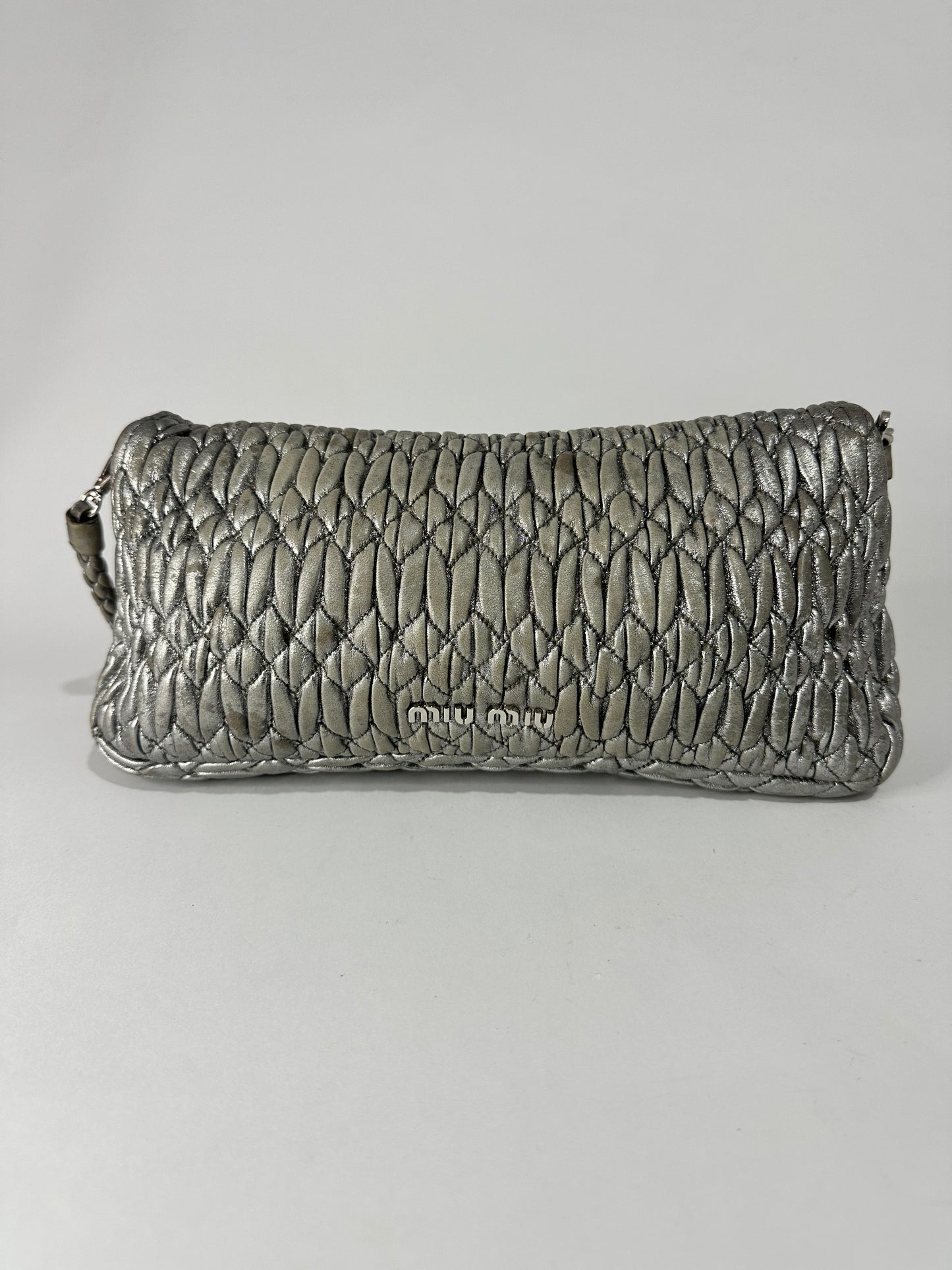 Miu Miu Silver Matelasse Leather Crystal Flap Shoulder Bag