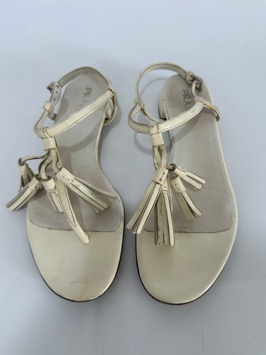 Prada Tassel Ankle T Strap Sandals White Patent Leather Thong Shoes Size 37. 5 IT