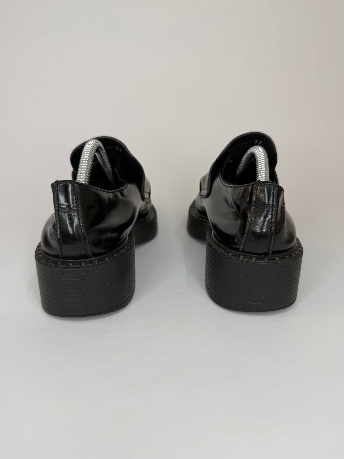 PRADA Vernice Metal Triangle Logo 50mm Loafers Size 37 EU/7 US/ 4 UK
