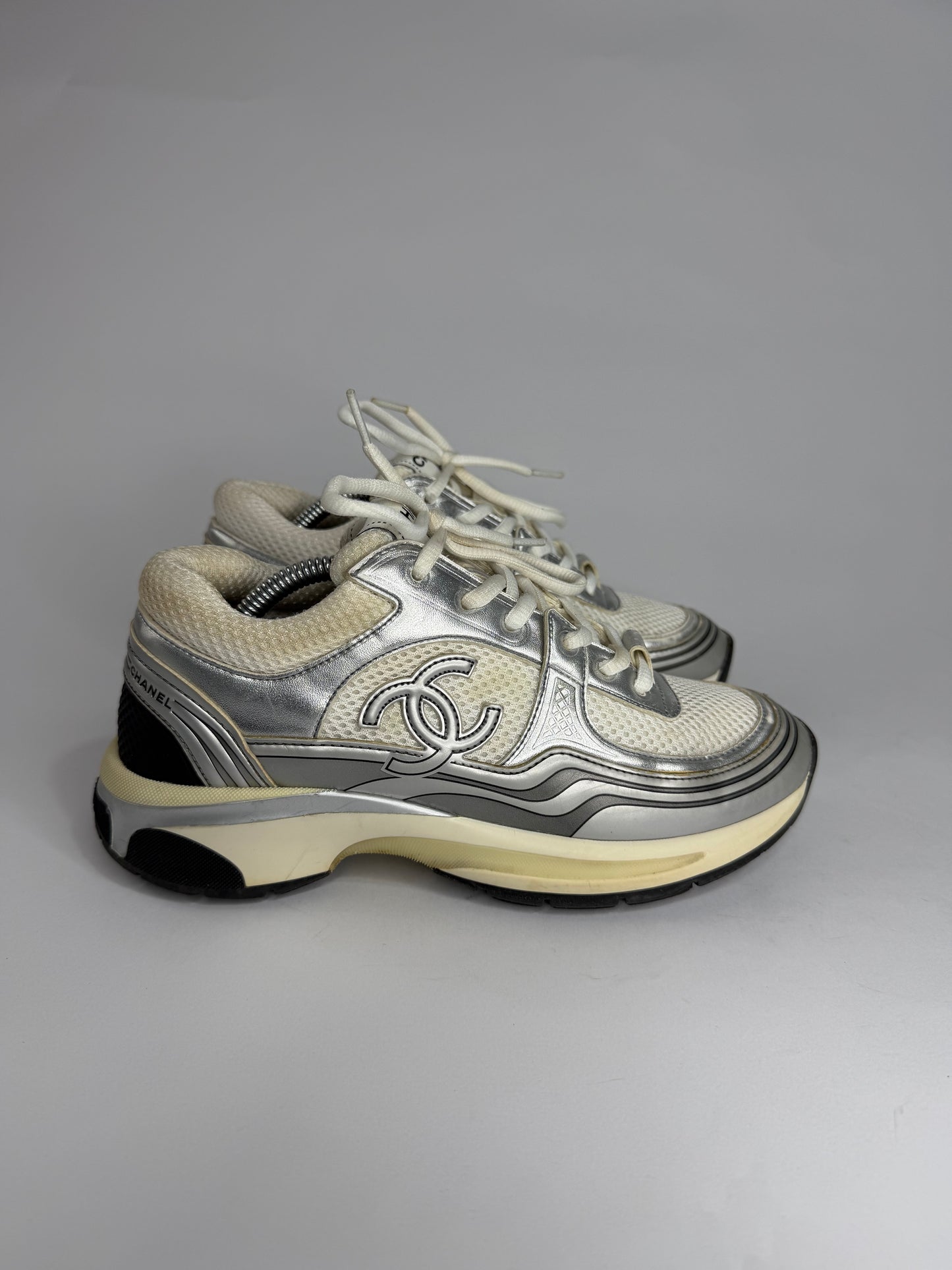 Chanel CC  Silver/White Leather and Mesh Low Top Sneakers
