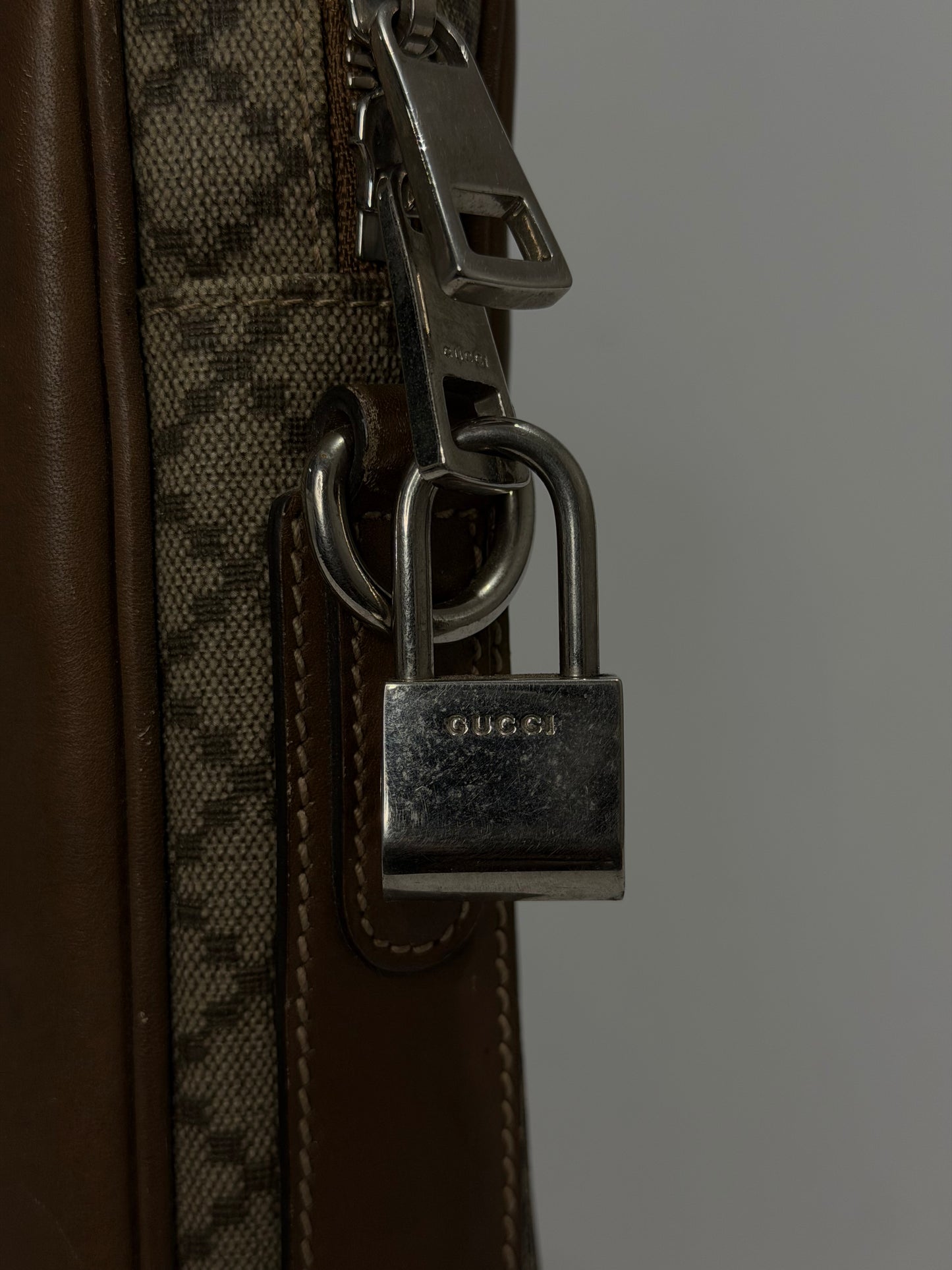 Gucci Beige/Tan Diamante Canvas and Leather Zip Pocket Briefcase