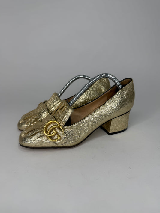 Gucci Metallic Gold Crinkled Leather GG Marmont Fringe Detail Pumps Size 36.5 EU/ 6.5US/ 3.5 UK