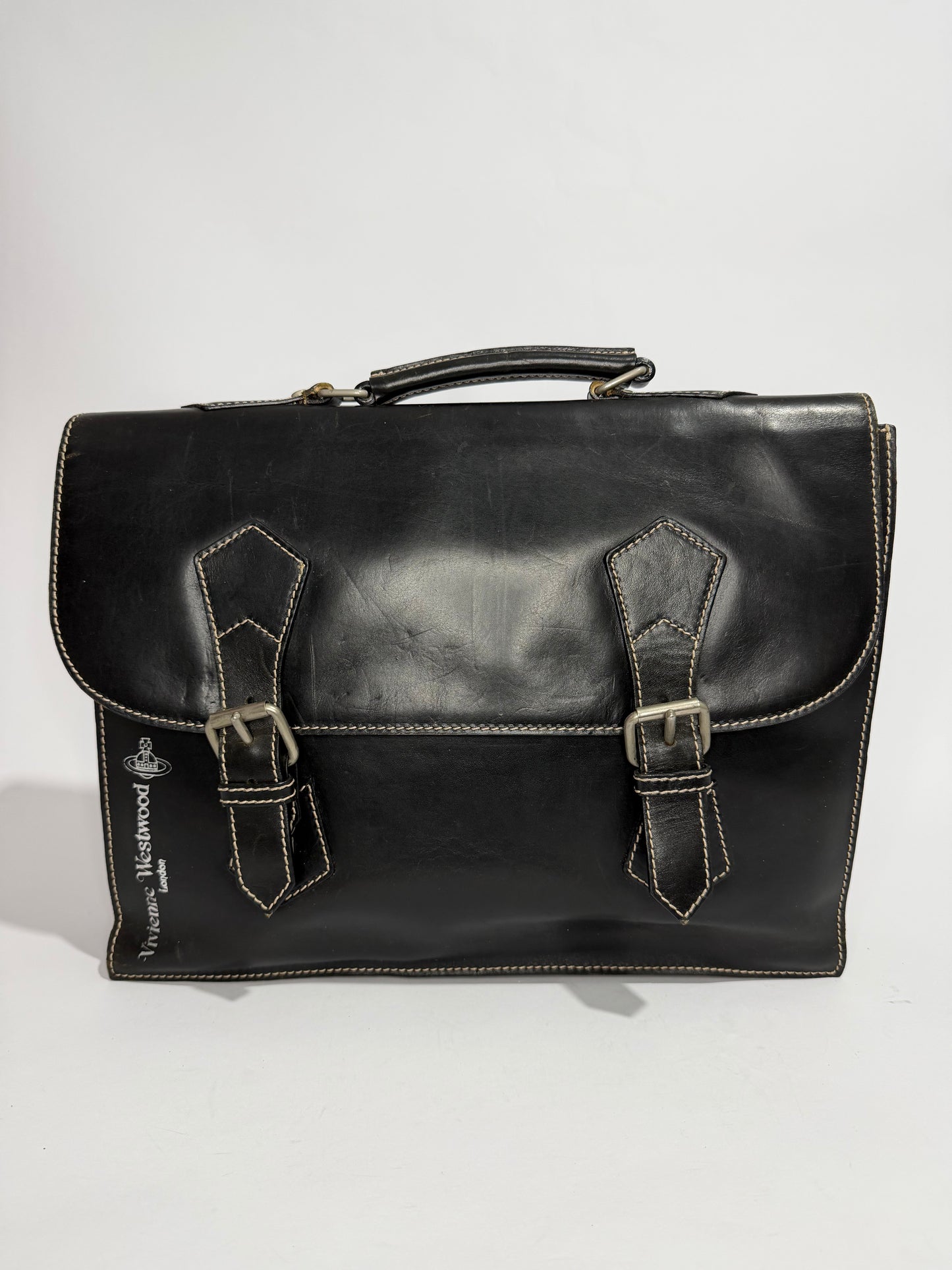 Vivienne Westwood Black Leather Briefcase Satchel Vintage Logo Business Bag
