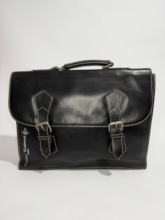 Vivienne Westwood Black Leather Briefcase Satchel Vintage Logo Business Bag