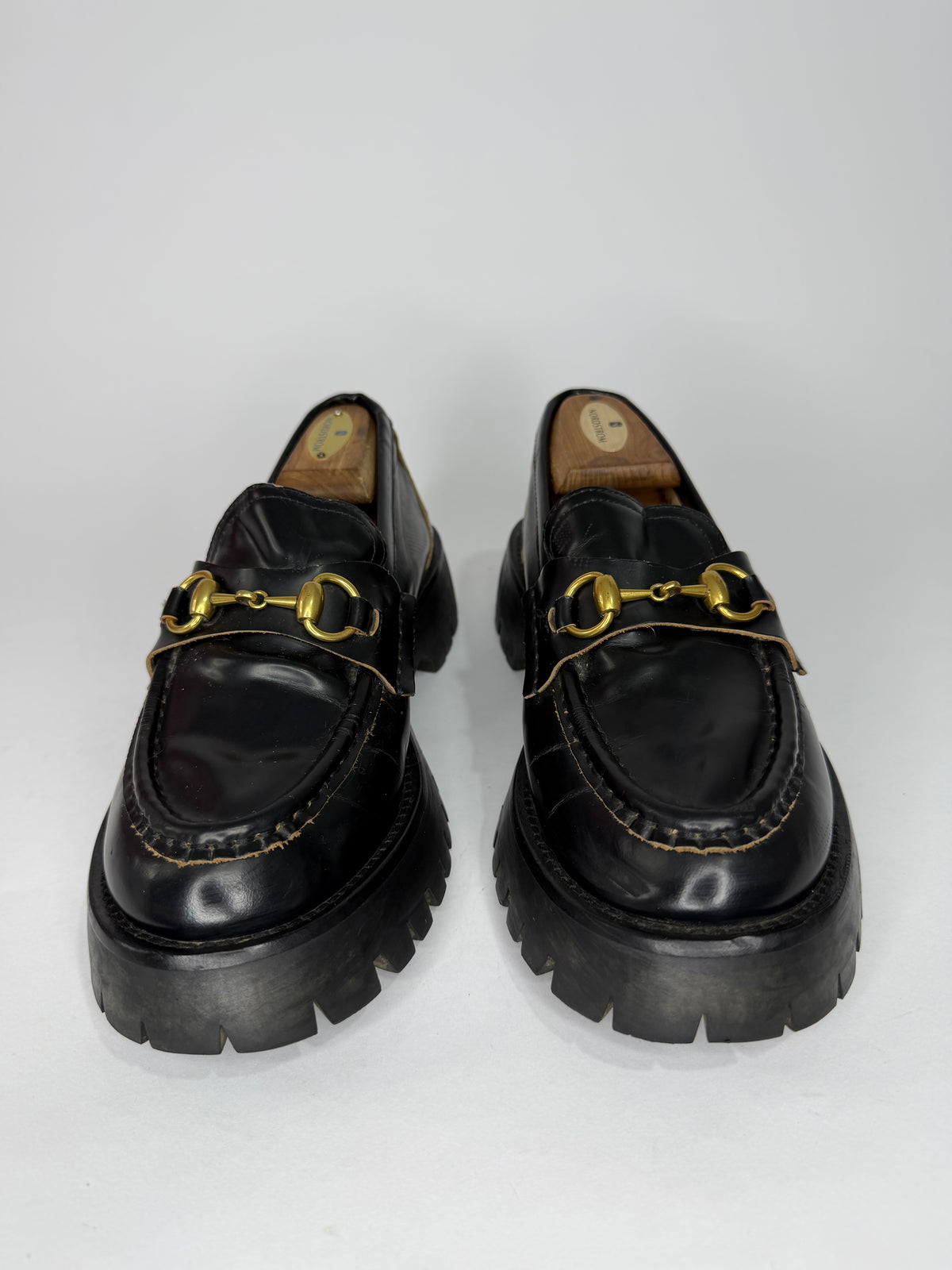 GUCCI
Cordovan Lux Womens Harald Horsebit 25mm Platform Loafers Black Size 40 EU/ 10 US