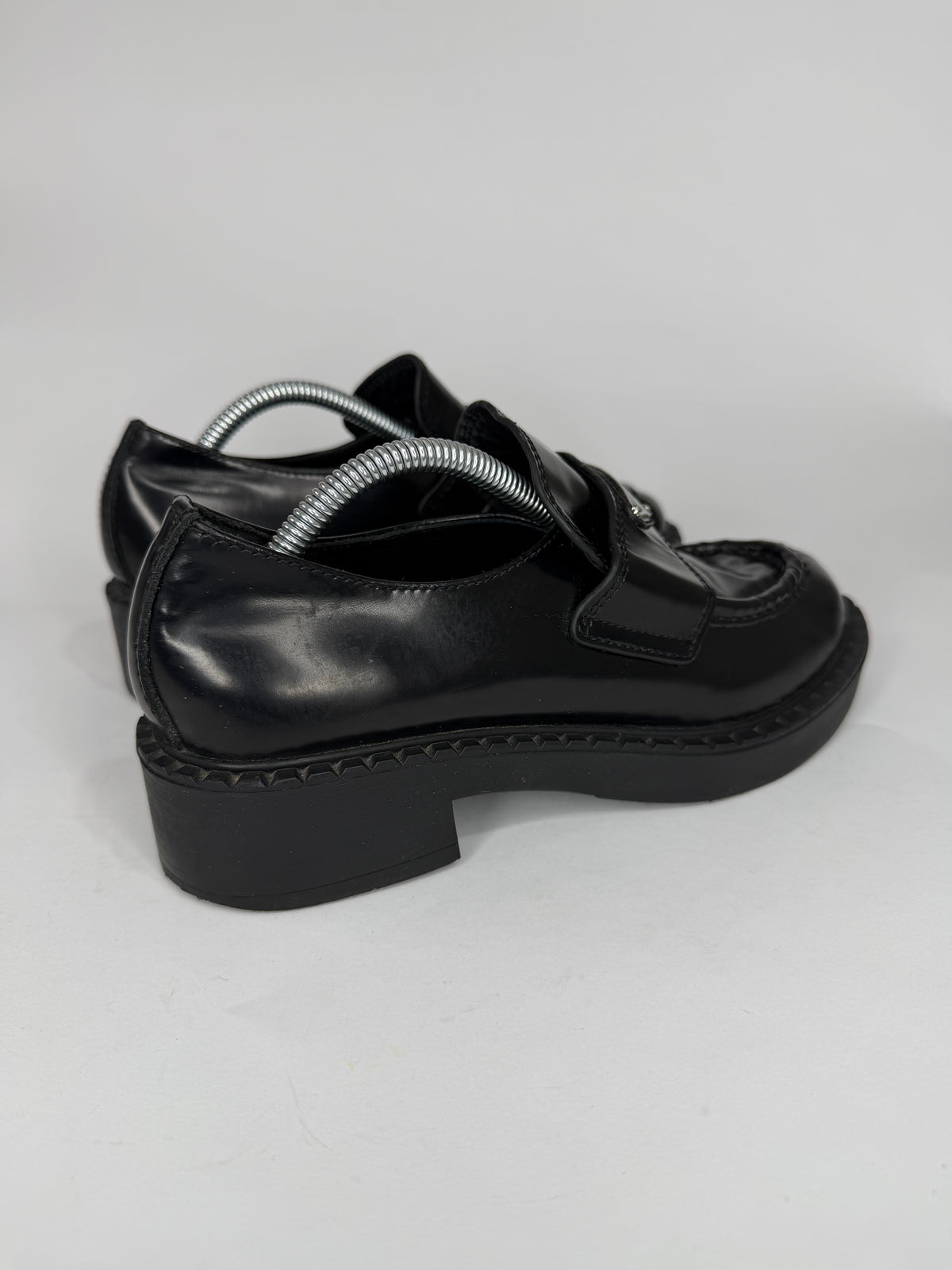 PRADA Vernice Metal Triangle Logo 50mm Loafers Size 37 EU/7 US/ 4 UK