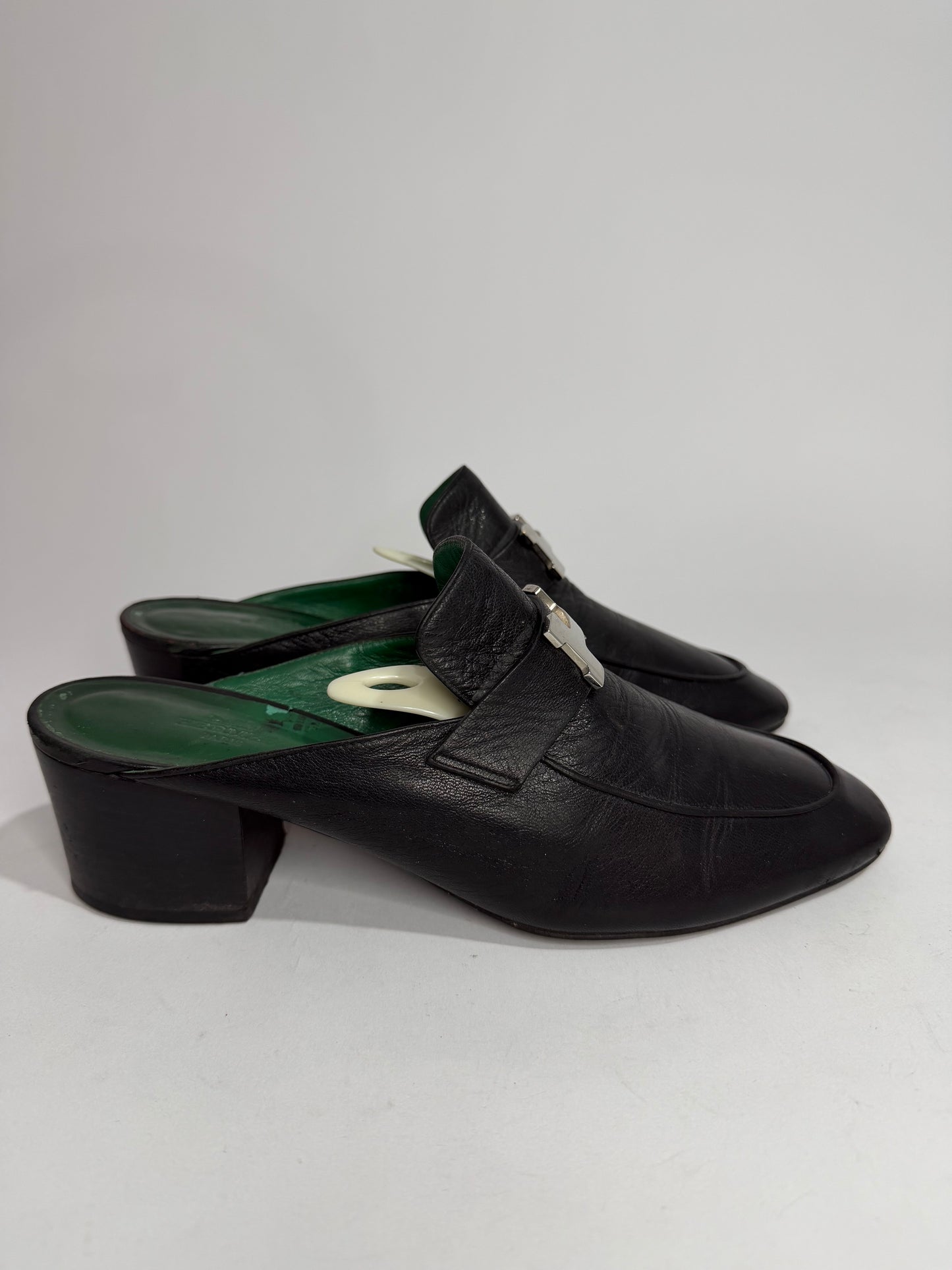 Hermes Black Leather Paradis Block Heel Mule Sandals Size 40