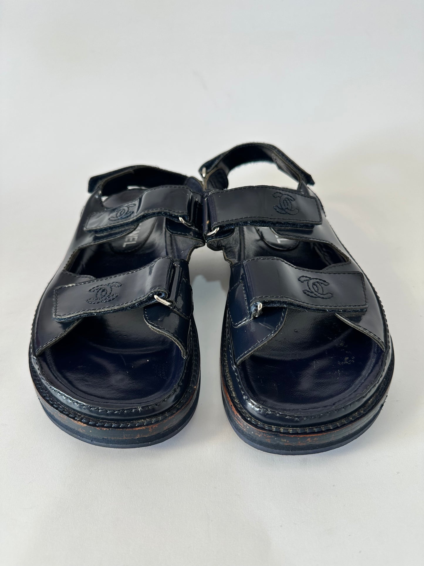Chanel Blue patent Leather CC Flat DAD Sandals Size 39 EU/ 9 US / 6 UK