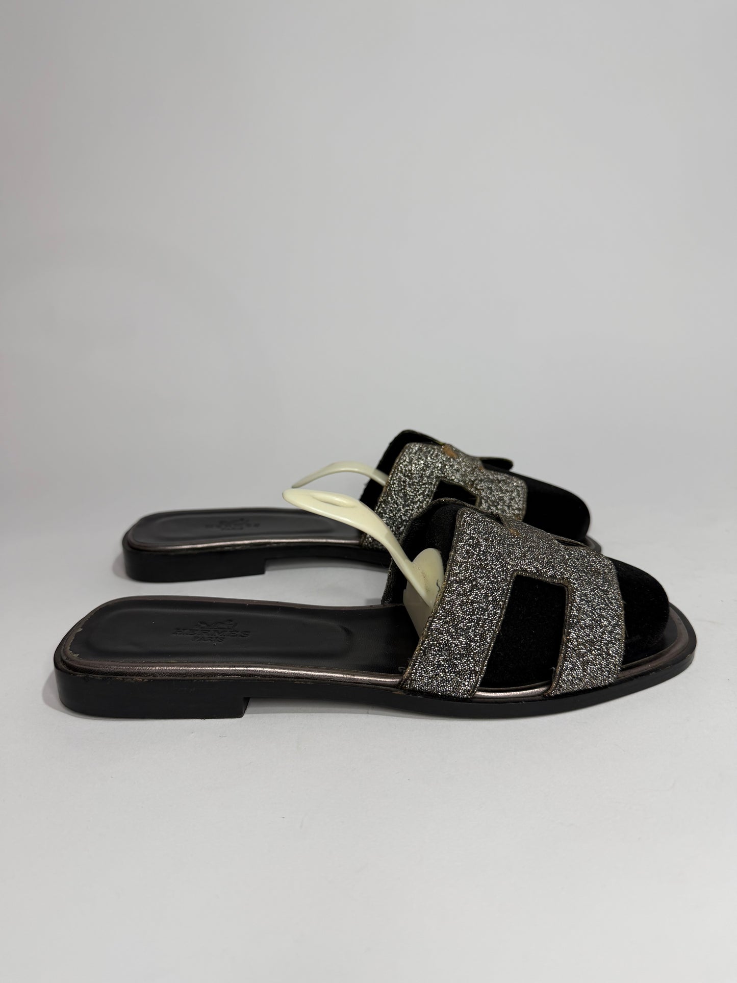 Hermes Silver/Black Suede And Glitter Oran Slide Flats Size 39 EU/ 9 US