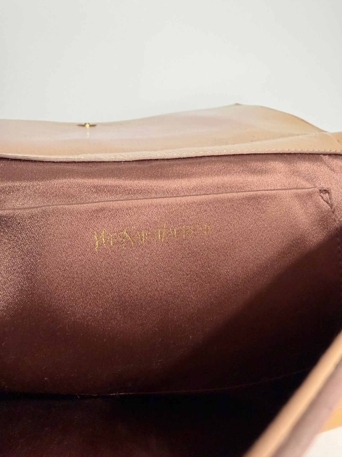 YVES SAINT LAURENT Beige Patent Leather Belle De Jour Large Clutch Bag