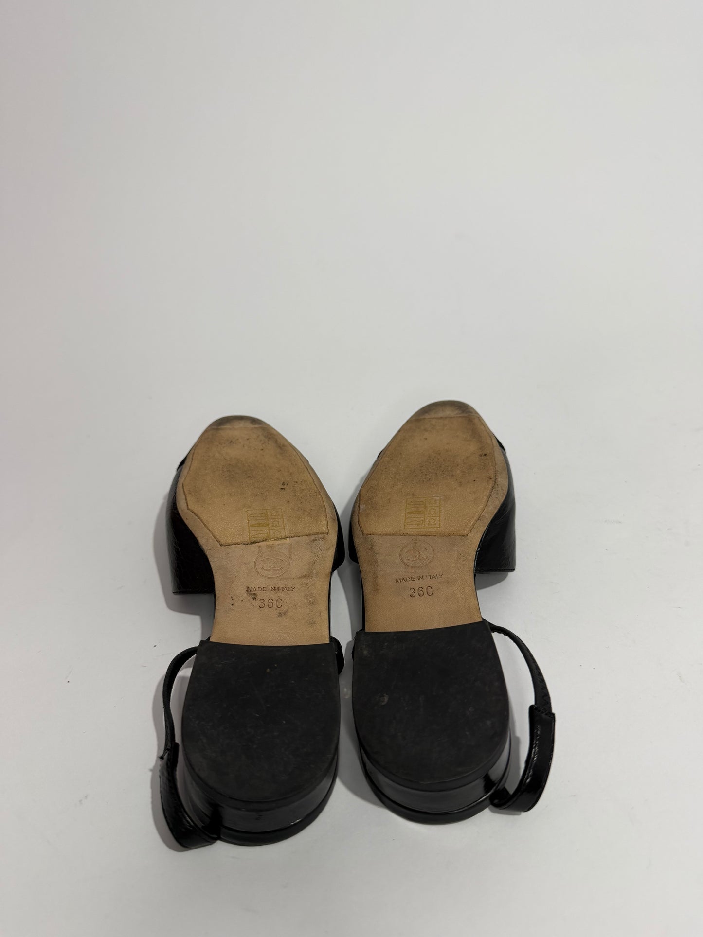 Chanel Black Leather And Patent Cap Toe Slingback Flats Size