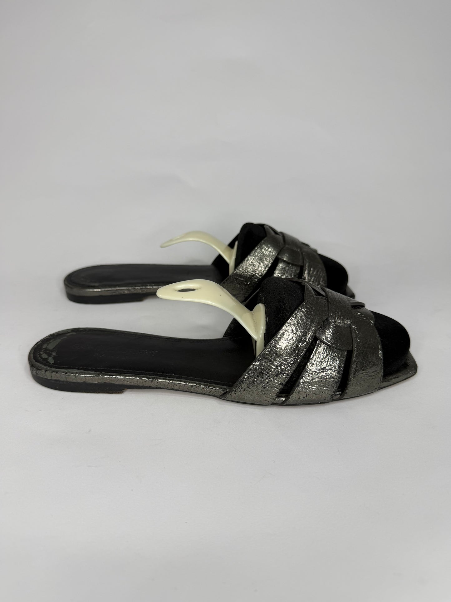 Saint Laurent Paris Silver Leather Tribute Flat Sandals Size 38.5 EU/ 8.5 US / 5.5 UK