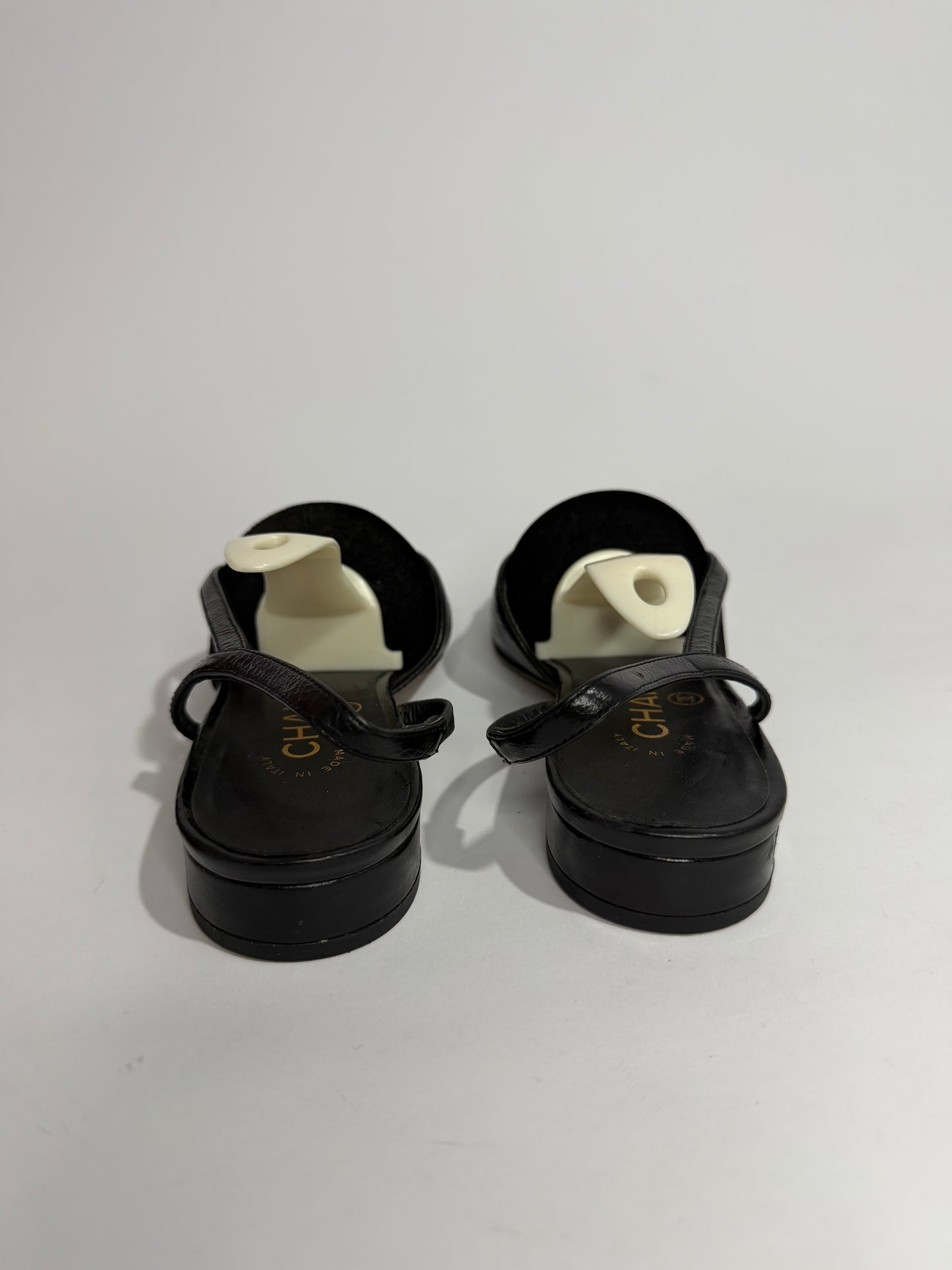 Chanel Black Leather And Patent Cap Toe Slingback Flats Size