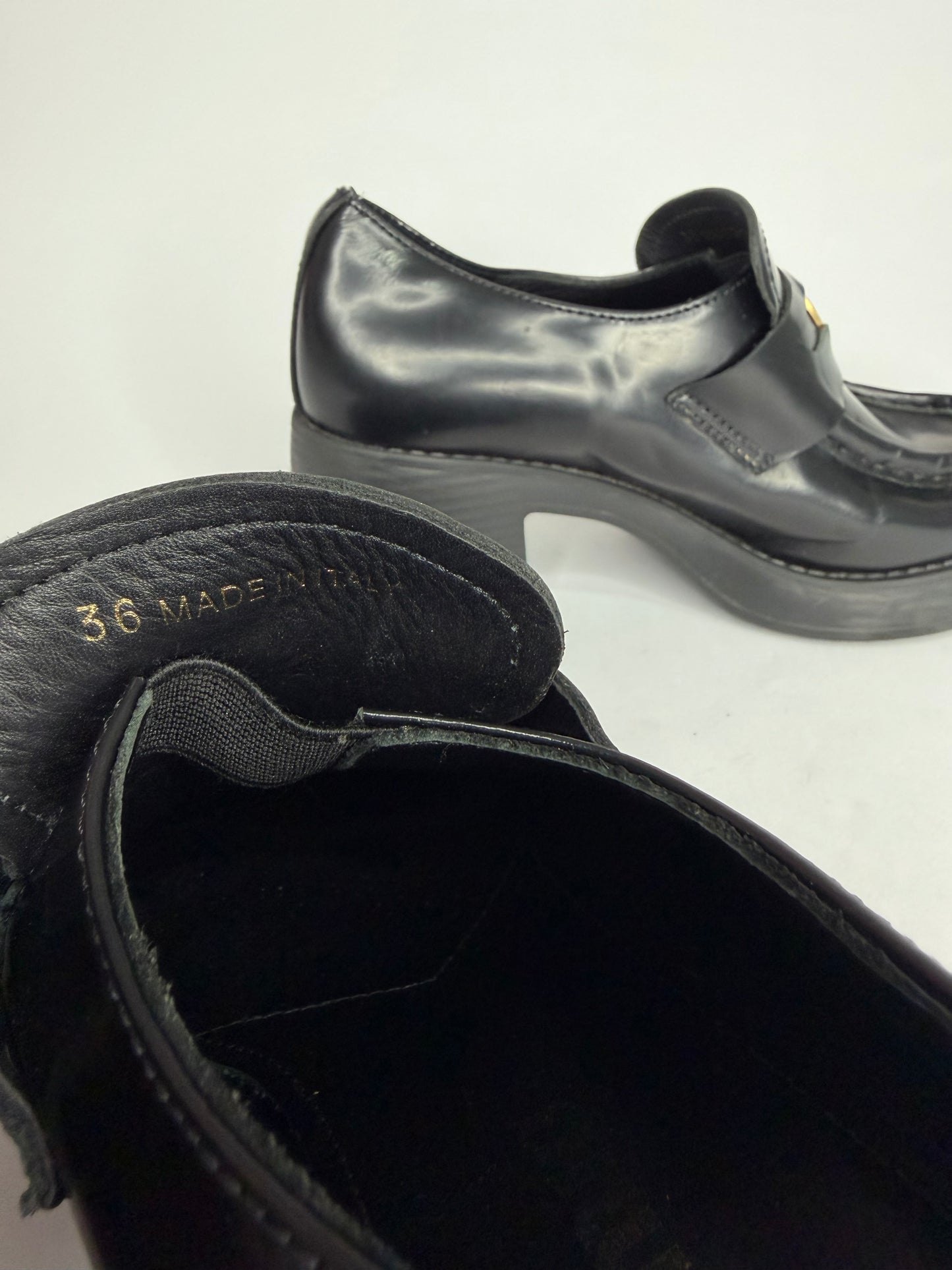 Miu Miu Black Leather Gold Penny Heel Loafers Size 36 EU/ 6 US / 3 UK