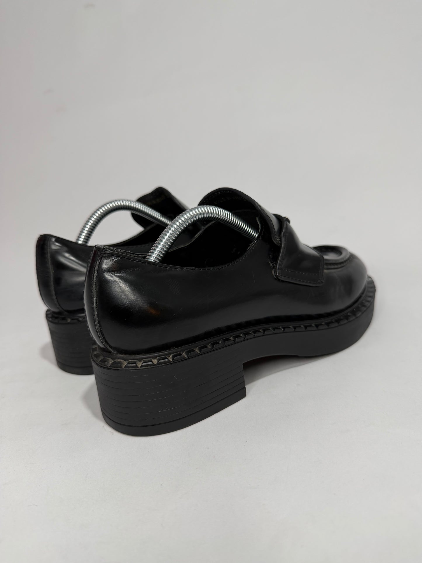 PRADA Vernice Metal Triangle Logo 50mm Loafers Size 37 EU/7 US/ 4 UK