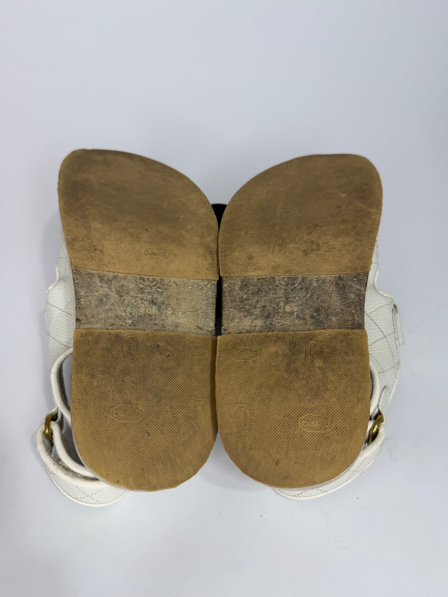 Chanel White Quilted Leather Dad CC Velcro Strap Flat Sandals Size 36