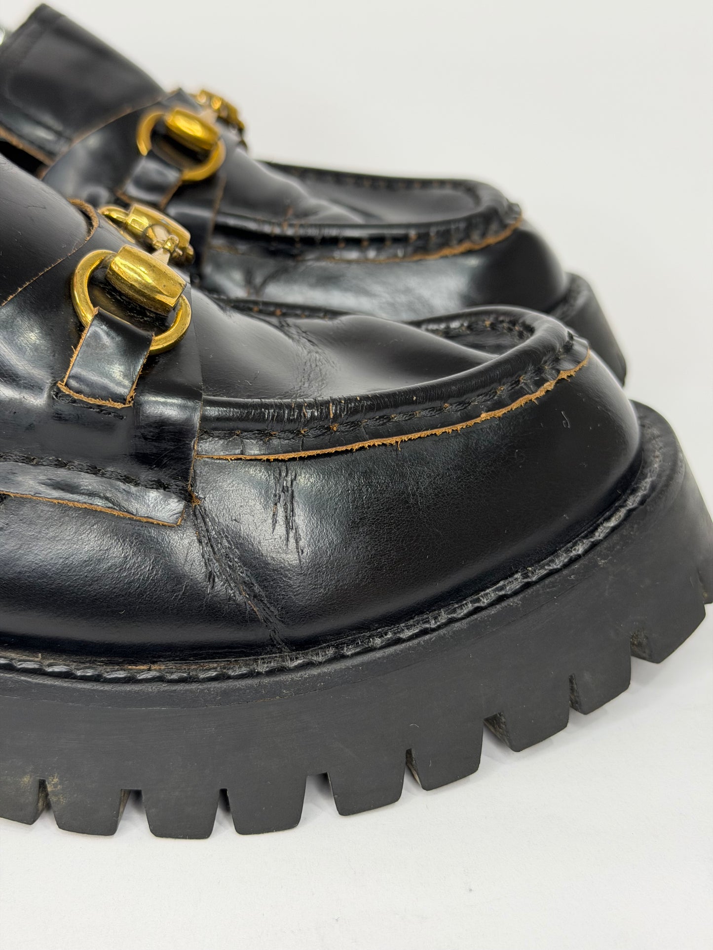 GUCCI
Cordovan Lux Womens Harald Horsebit 25mm Platform Loafers 40 Black