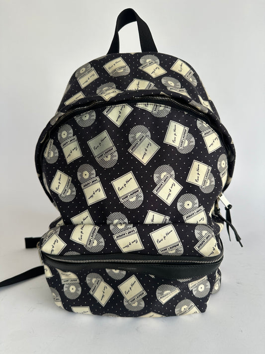 SAINT LAURENT VINYL RECORD PRINT BACKPACK IN BLACK