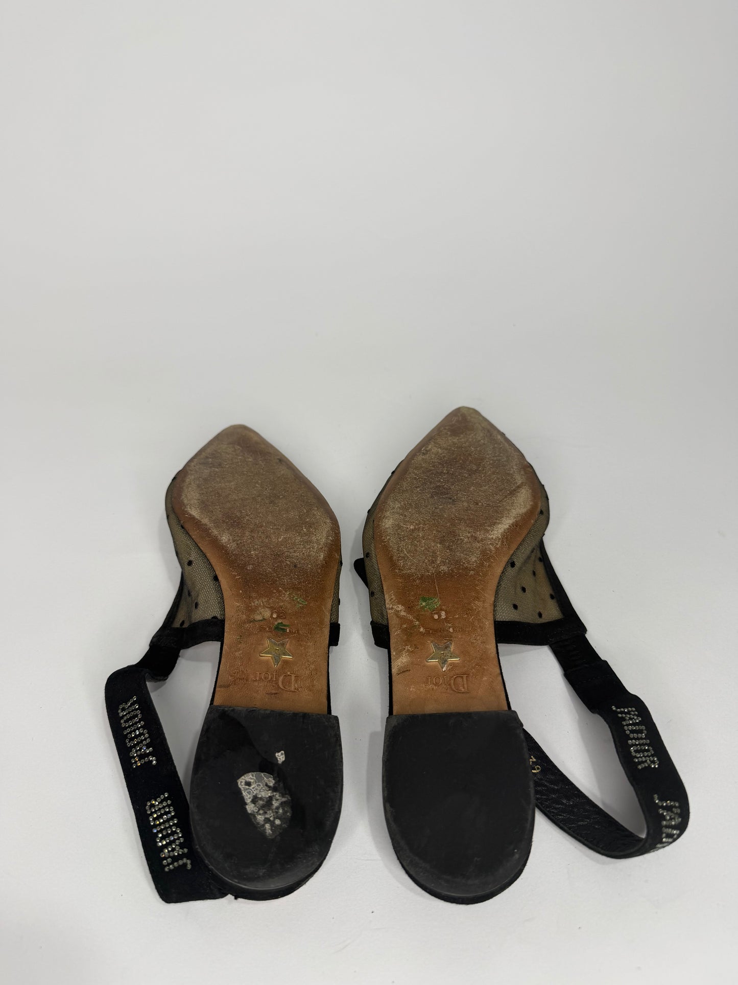 Dior Black Polka Dot Mesh and Crystal Embellished Suede J'adior Slingback Flats Size 39 EU/ 9 US/ 6 UK