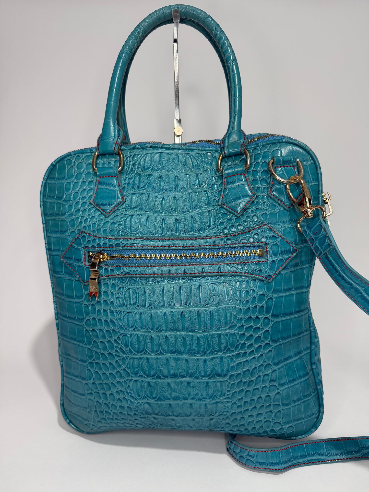 Vivienne Westwood Croc-Embossed Leather Top Handle Bag – Teal Blue Orb Logo Satchel w/ Strap