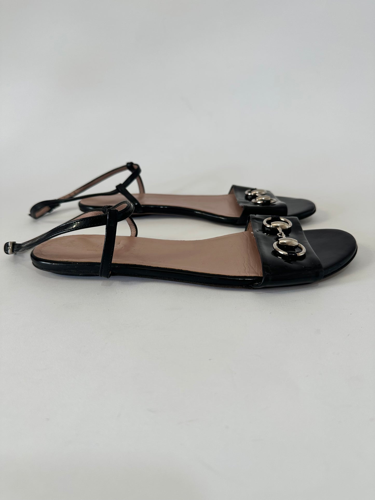 Gucci Black Patent Leather Horsebit Sandals Size 36.5 EU/ 6.5 US / 3.5 UK