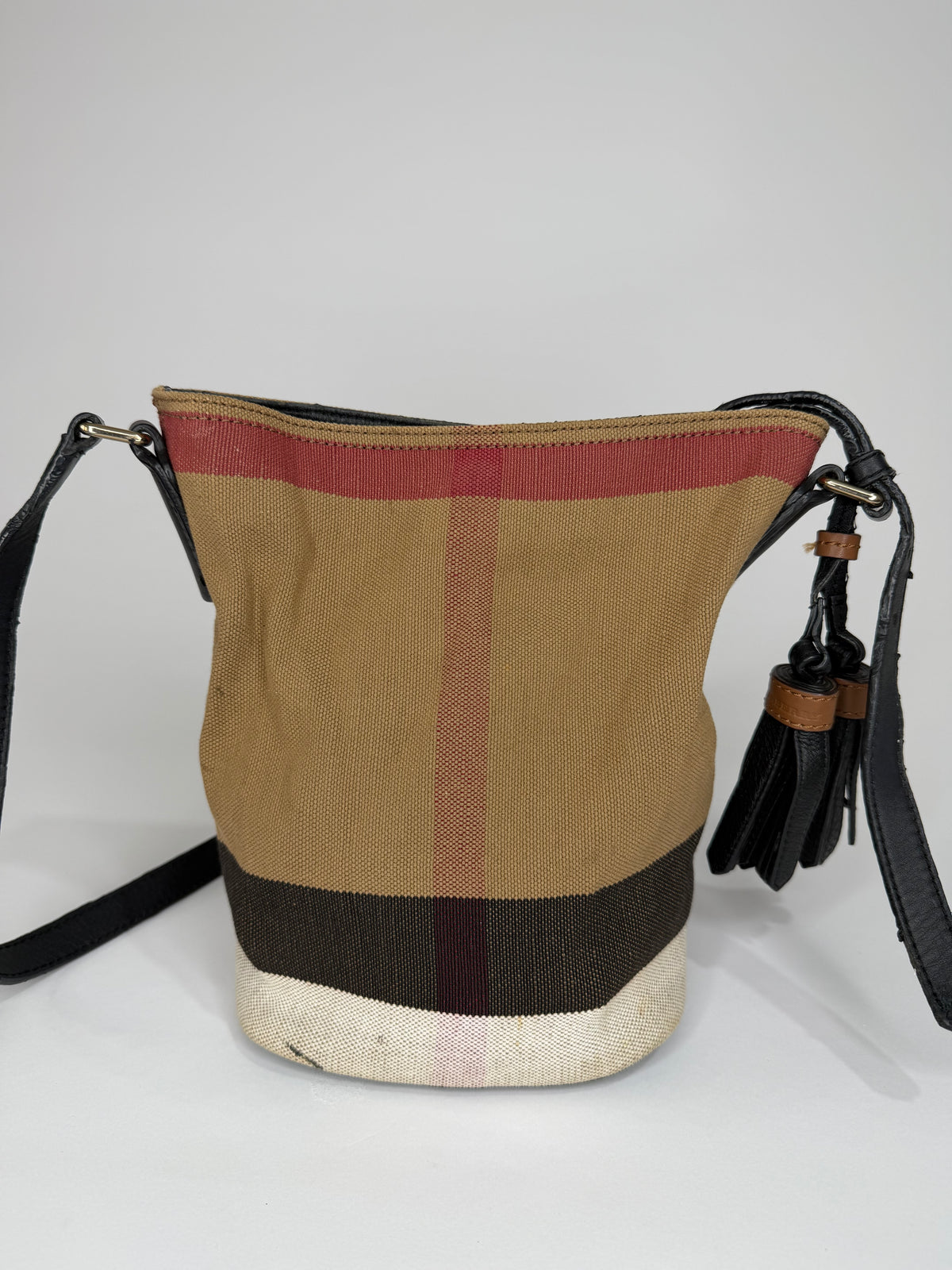 BURBERRY Canvas Mega Check Mini Ashby Tassel Crossbody Brown