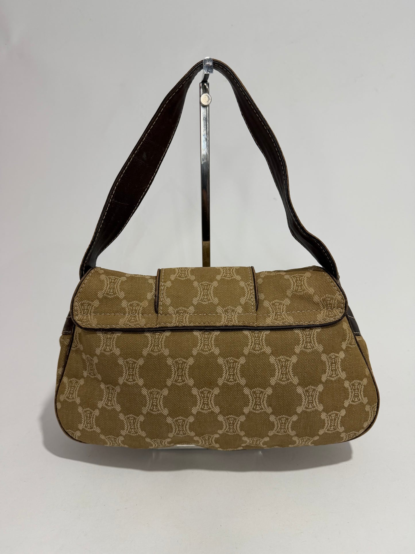 Celine Beige Macadam Canvas and Leather Shoulder Bag