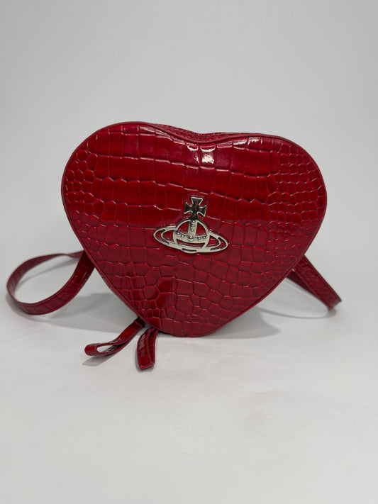 Vivienne Westwood Red Heart Crossbody Bag Croc-Embossed Vegan Leather Orb Logo