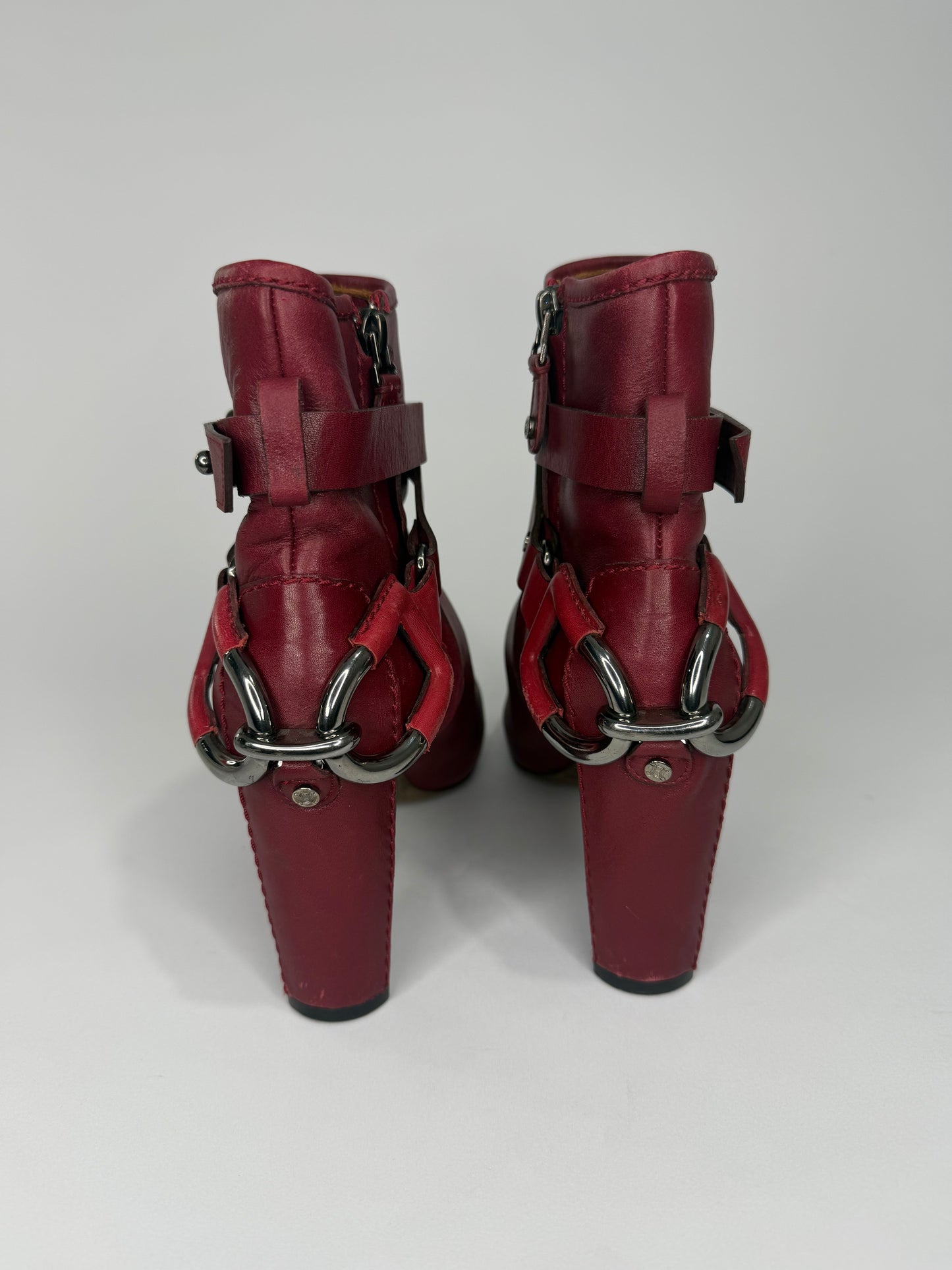 Celine Burgundy Leather Buckle Ankle Boots  Silver Hardware Size 38 EU/ 8 US / 5 UK
