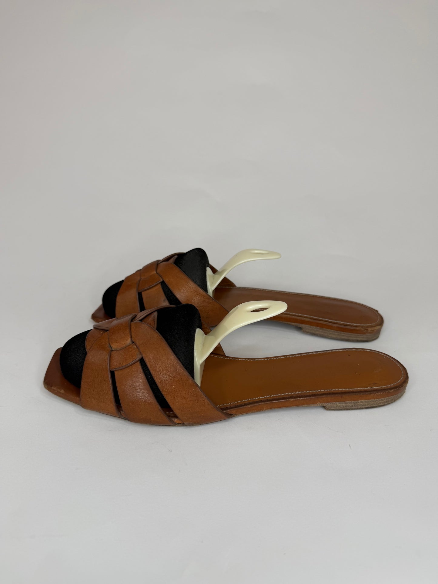 Saint Laurent Paris Brown Leather Tribute Flat Sandals Size 39.5 EU/ 9.5 US / 6.5 UK