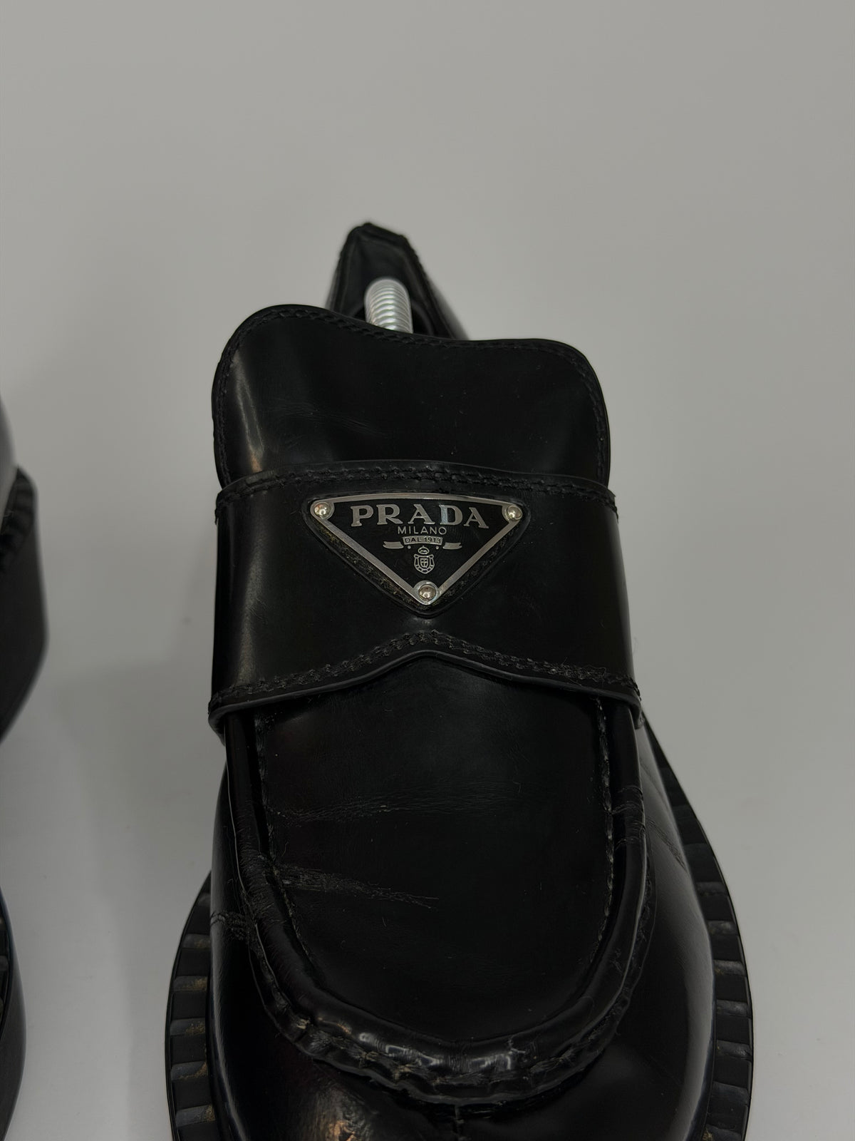 PRADA Vernice Metal Triangle Logo 50mm Loafers Size 38 EU/8 US/ 5 UK