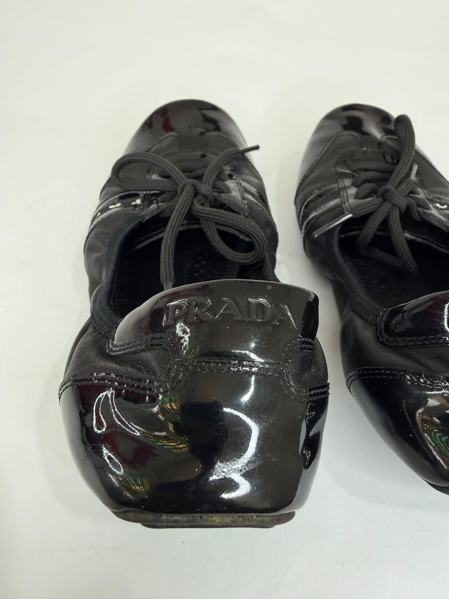 Prada Black Nylon and Leather Lace Up Flats Size 38 EU/ 8 US / 5 UK