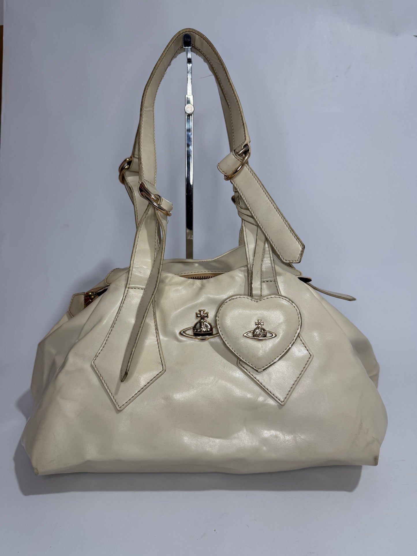 Vivienne Westwood Cream Leather Orb Heart Charm Shoulder Bag