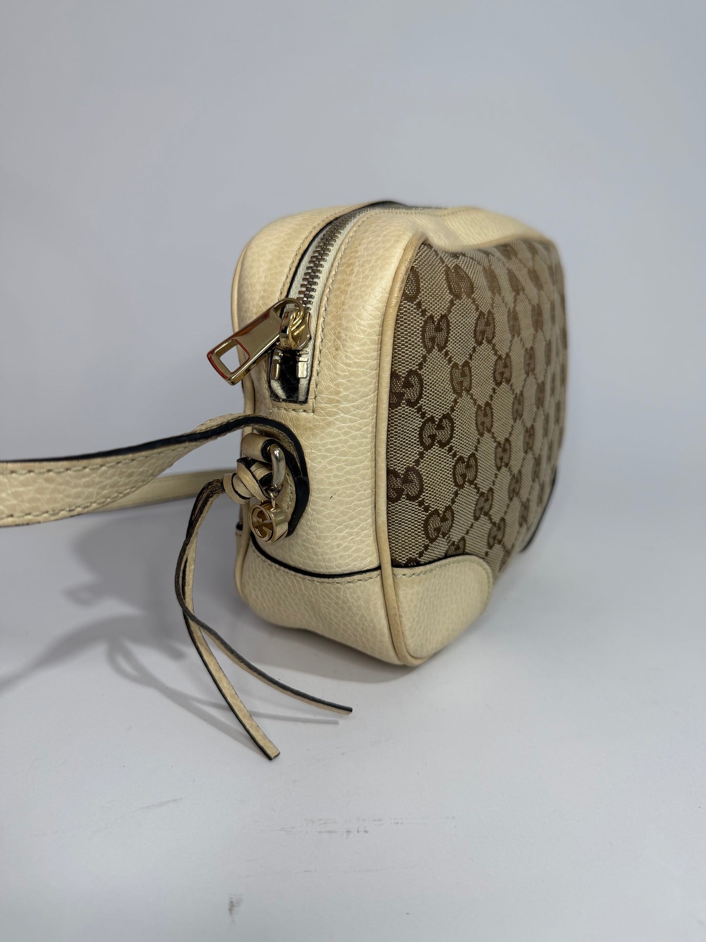 GUCCI
Monogram Dollar Calfskin Mini Bree Messenger Bag Beige Ebony Avoire