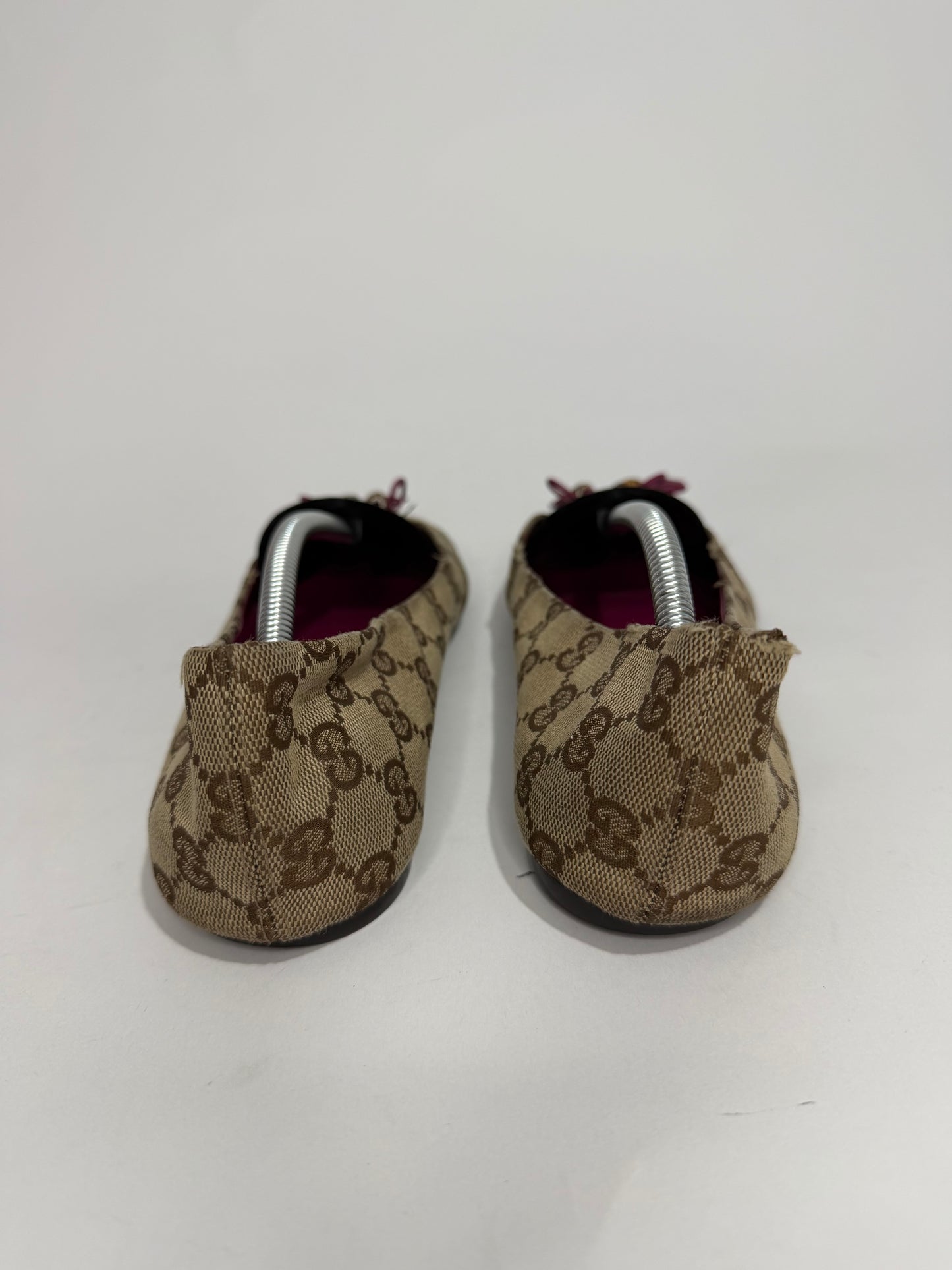Gucci Beige/ Pink GG Canvas Bamboo Bow Tassel Ballet Flats Size 38