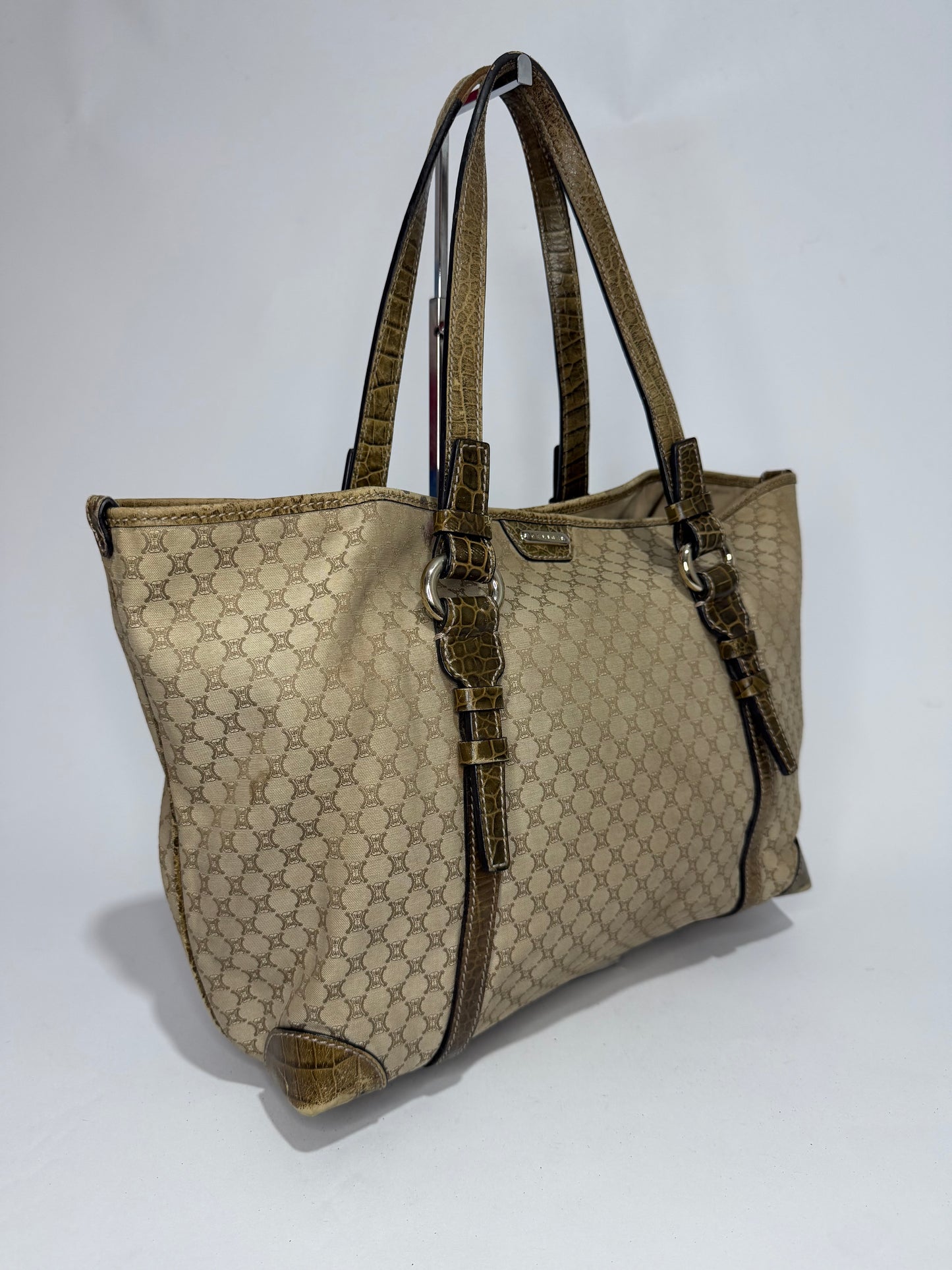 Celine Beige/Brown Macadam Canvas And Croc Embossed Tote