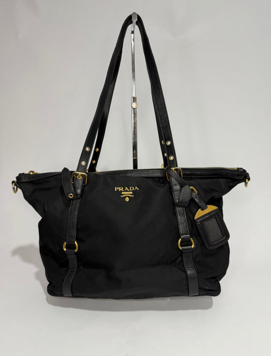 Prada Black Saffiano Leather trimmed Nylon Tessuto Tote Bag