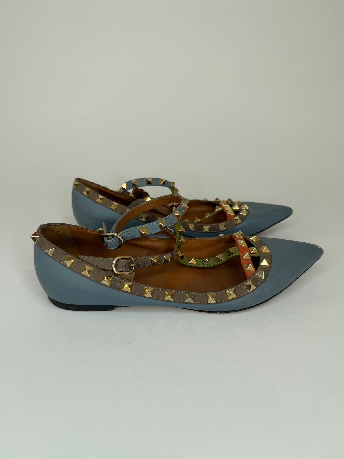 Valentino Light Blue/Brown Leather Rockstud Flats Size 36 EU/ 6 US