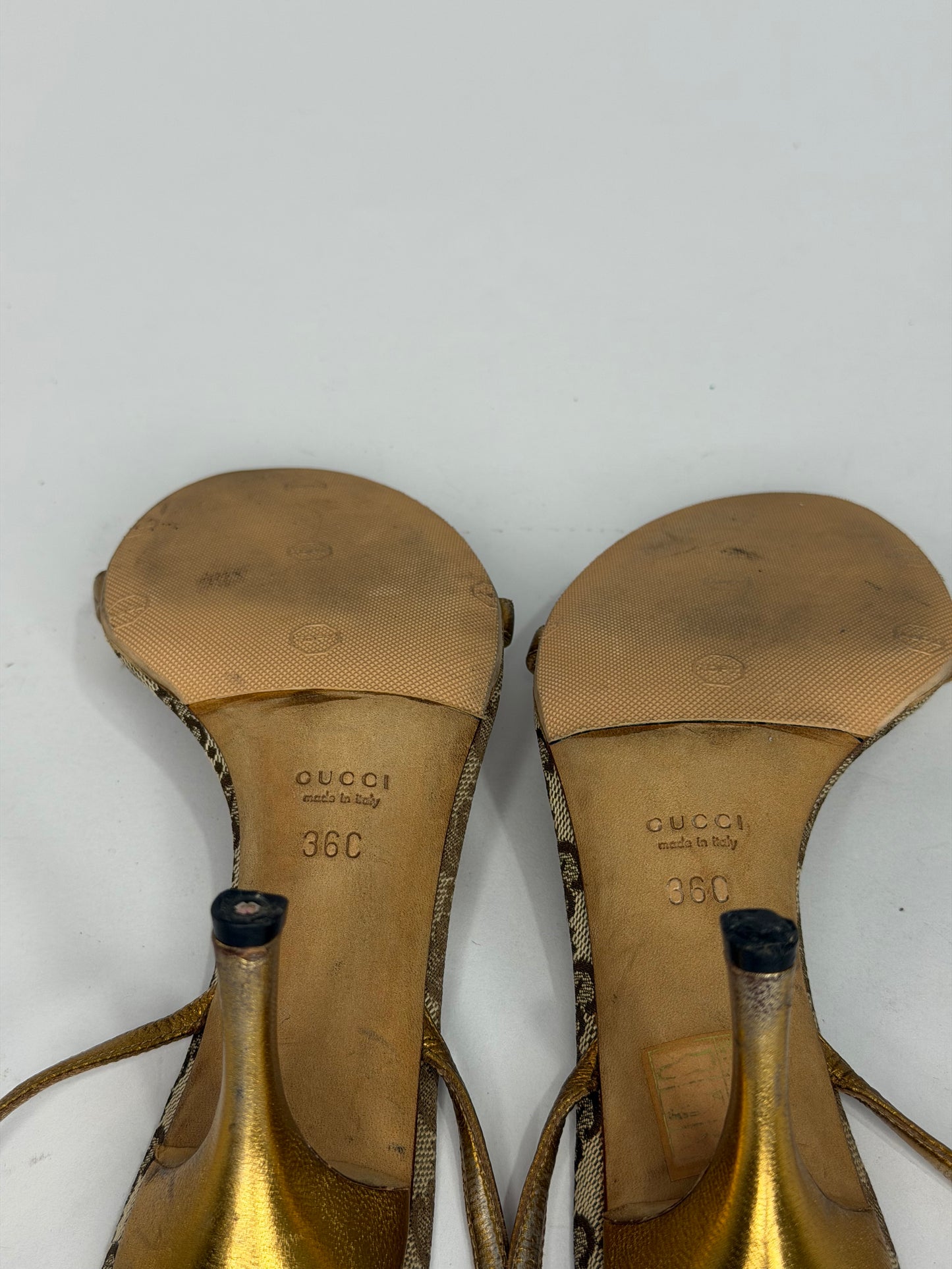 Gucci GG Canvas Gold Bow Ankle Strap Kitten Heel Sandals Women’s Size 36C