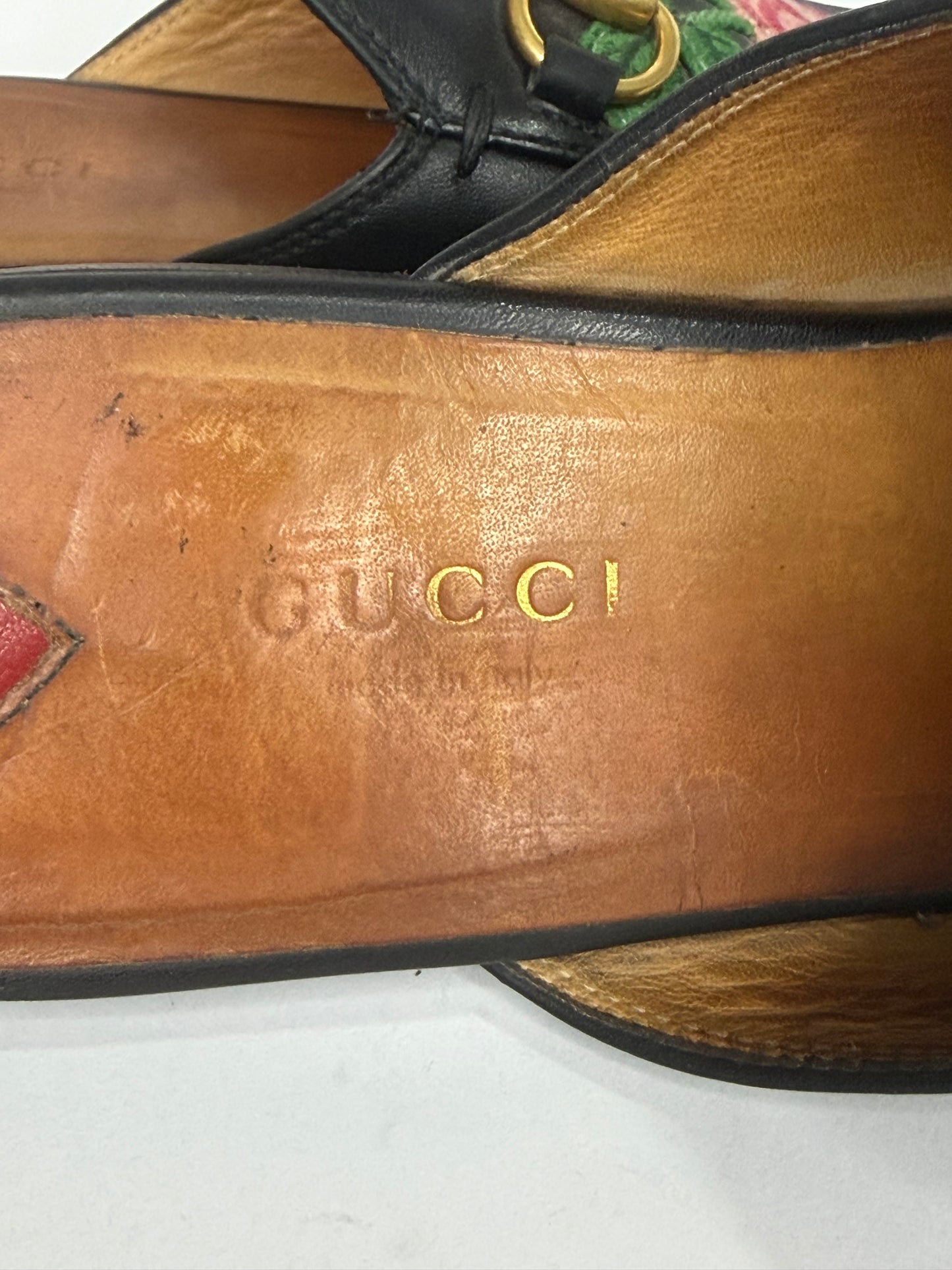 Gucci Black Leather Rose Embroidered Princetown Horsebit Flat Mules Size 39 EU/ 9 US / 6 UK