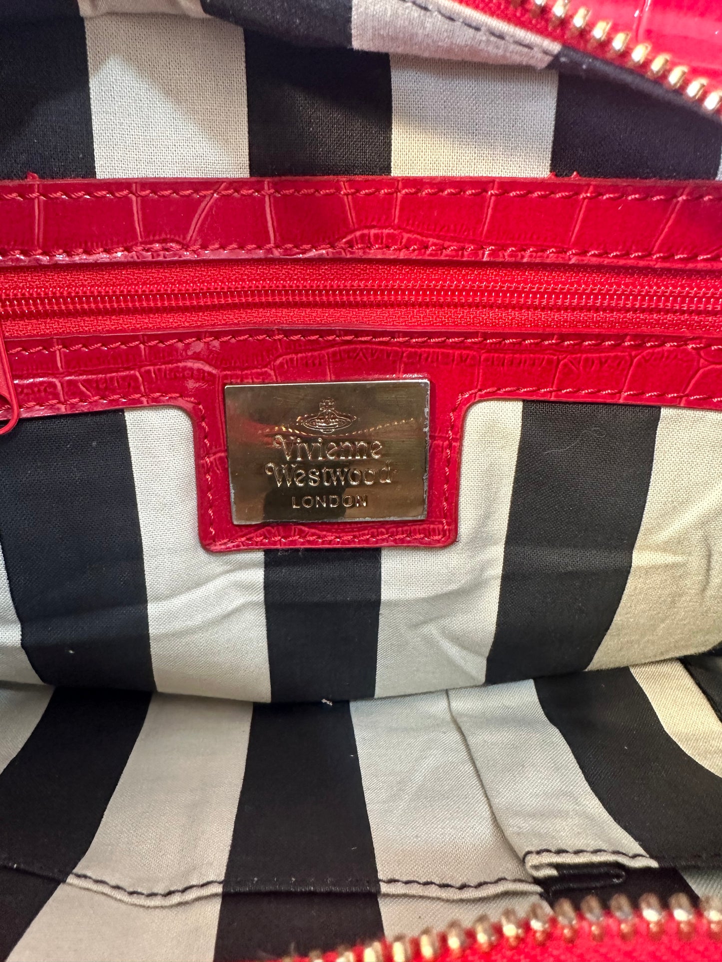 Vivienne Westwood Red Croc-Embossed Bowler Bag w/ Oversized Gold Glitter Orb Logo