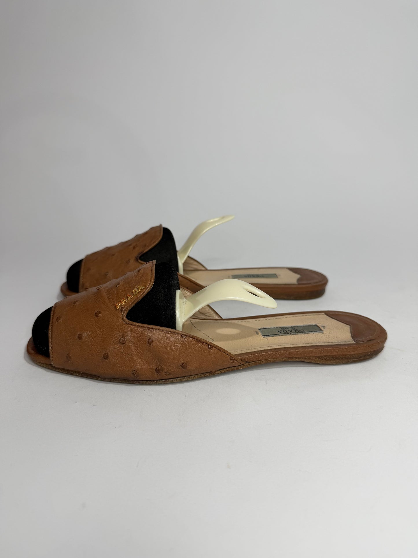 Prada Brown Ostrich Leather Flat Sandals Size 38.5 EU/8.5 US
