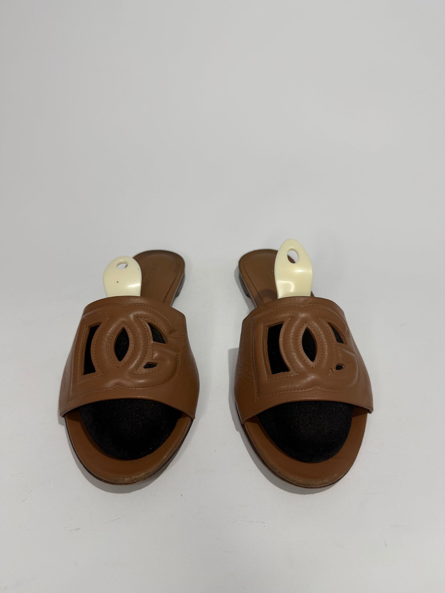 Dolce & Gabbana Logo Cutout Leather Slide Sandals Brown EU 38.5/ 8.5 US/ 5.5 US