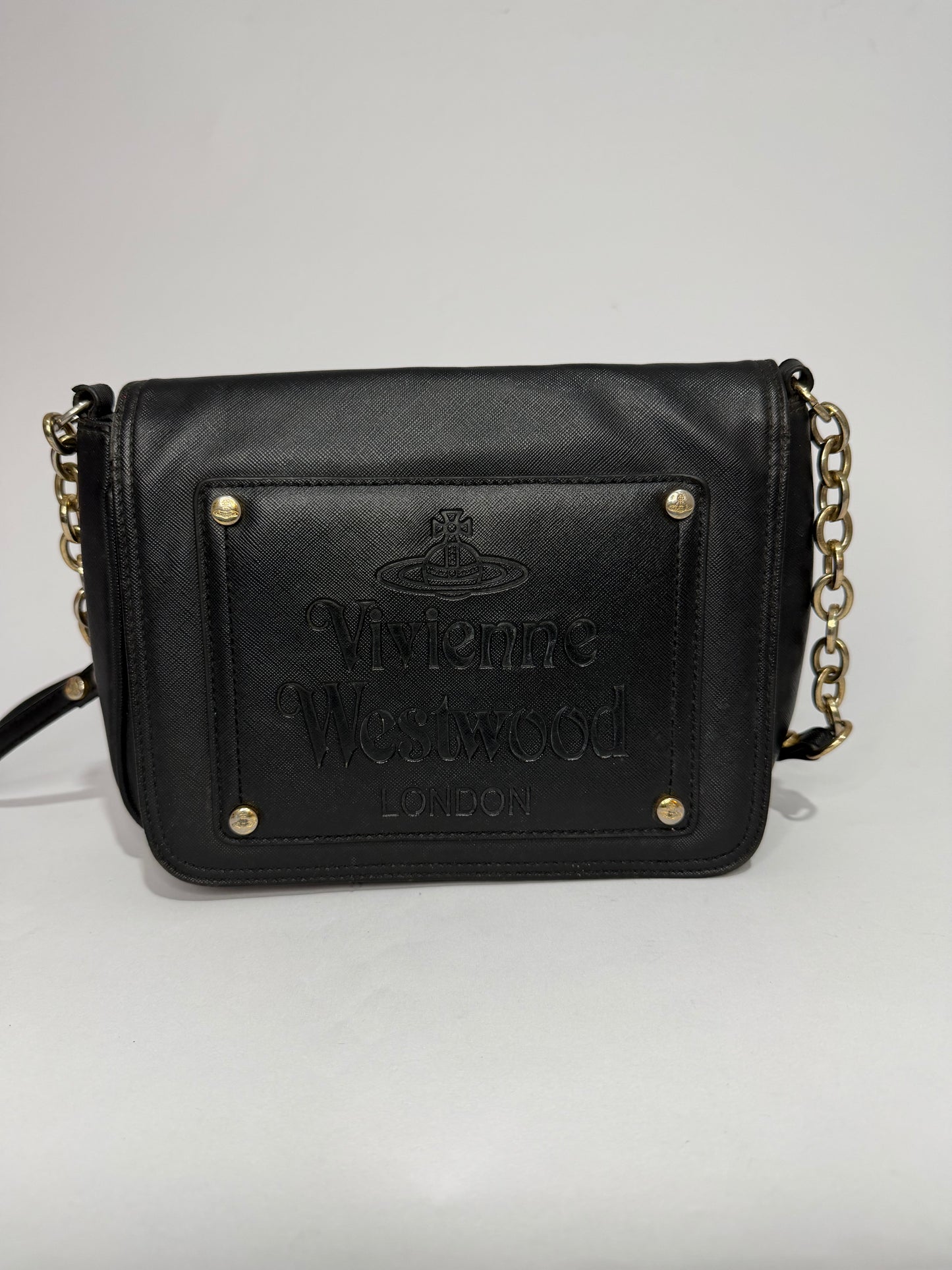 Vivienne Westwood London Black Logo Flap Shoulder Bag Crossbody Gold Chain