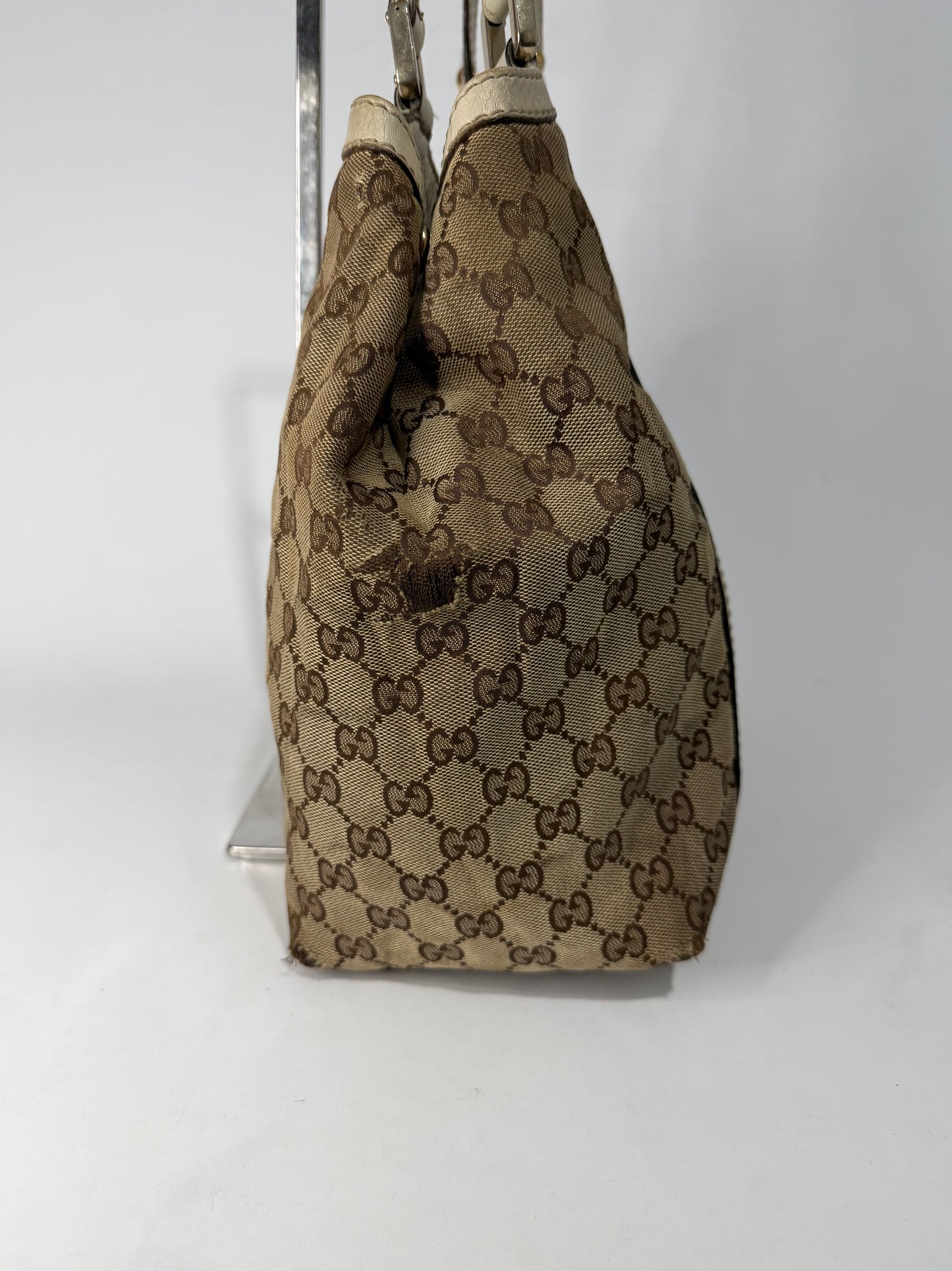 Gucci Beige/White GG Canvas and Leather Medium New Ladies Web Tote