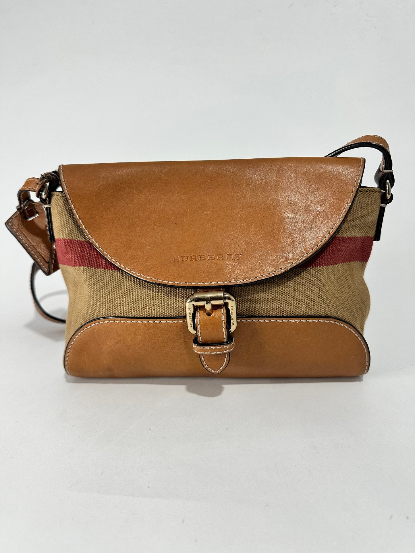 BURBERRY  Mega Check Grainy Calfskin Small Gowan Messenger Bag Brown