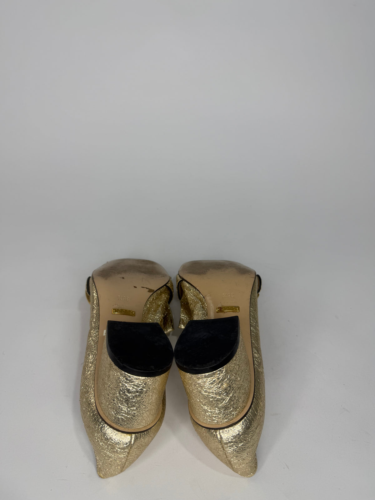 Gucci Metallic Gold Crinkled Leather GG Marmont Fringe Detail Pumps Size 36.5 EU/ 6.5US/ 3.5 UK